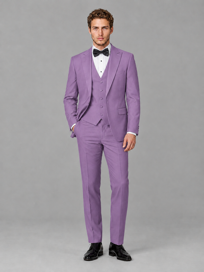 Savile Men's Lilac Peak Lapel 3-Piece Tuxedo Suit | Jacket, Vest & Trousers - Lilac