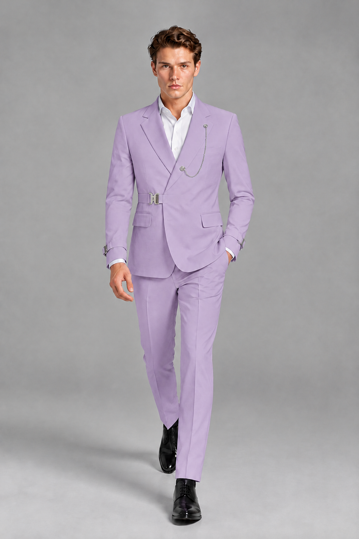 Savile Men's Lilac Buckle-Closure 2-Piece Suit Set | Peak Lapel Blazer & Trousers - Lilac