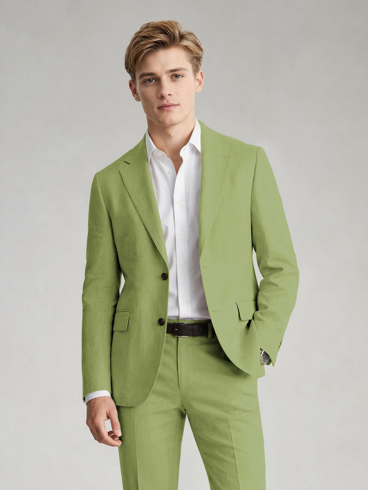Savile Men's Sand Khaki Linen-Blend 2-Piece Suit Set – Two-Button Notch Lapel Slim-Fit Blazer & Slim Trousers - Lime Green - Lime_Green