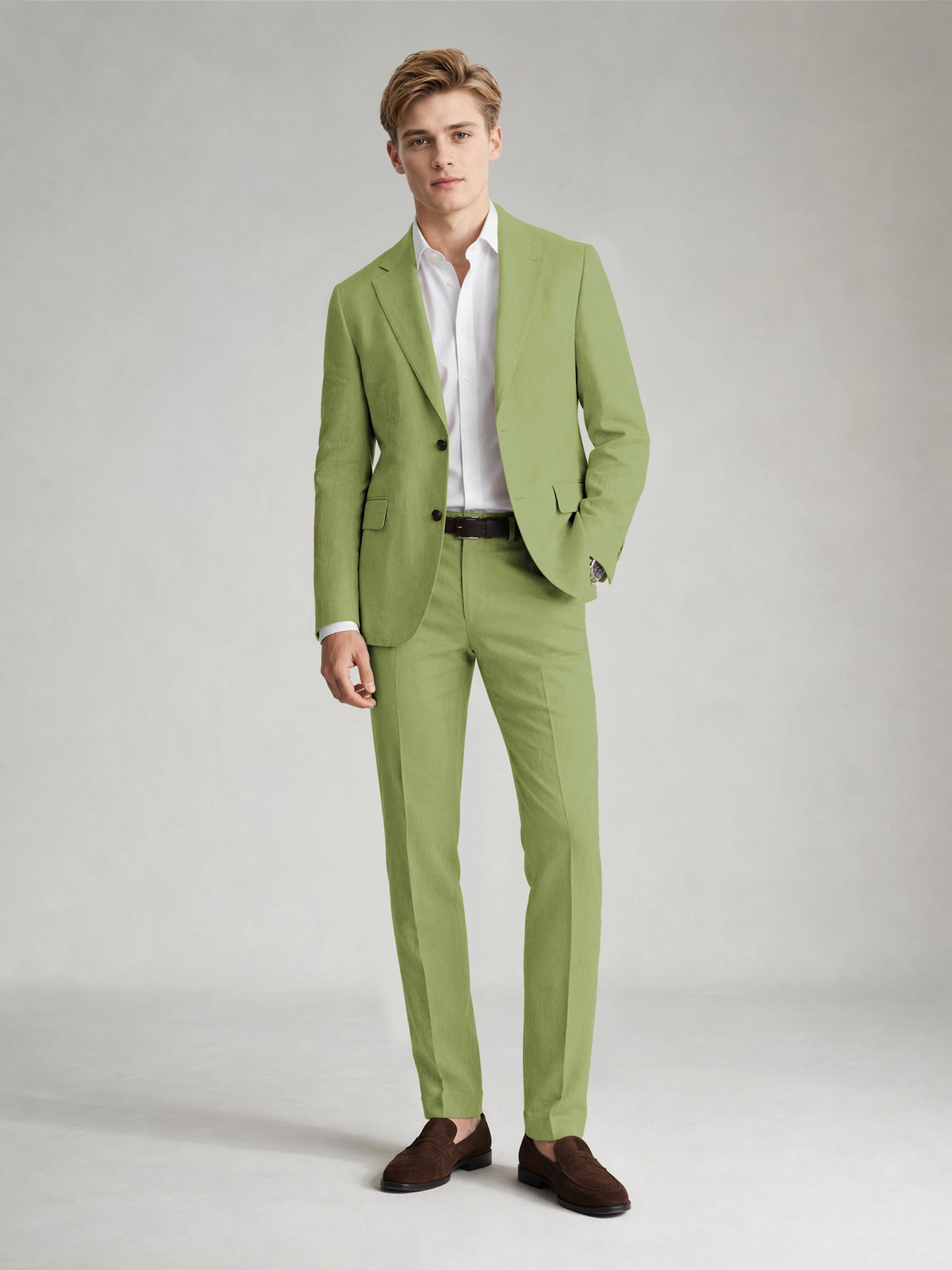 Savile Men's Sand Khaki Linen-Blend 2-Piece Suit Set – Two-Button Notch Lapel Slim-Fit Blazer & Slim Trousers - Lime Green - Lime_Green