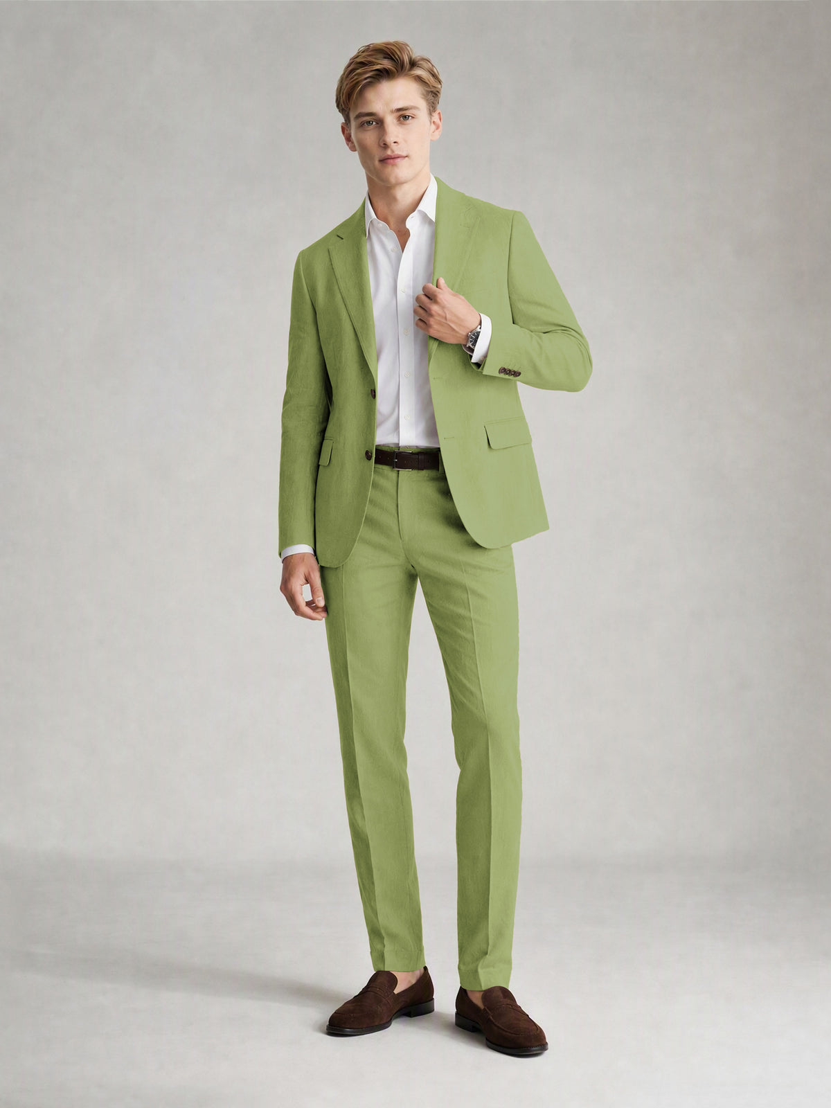 Savile Men's Sand Khaki Linen-Blend 2-Piece Suit Set – Two-Button Notch Lapel Slim-Fit Blazer & Slim Trousers - Lime Green - Lime_Green