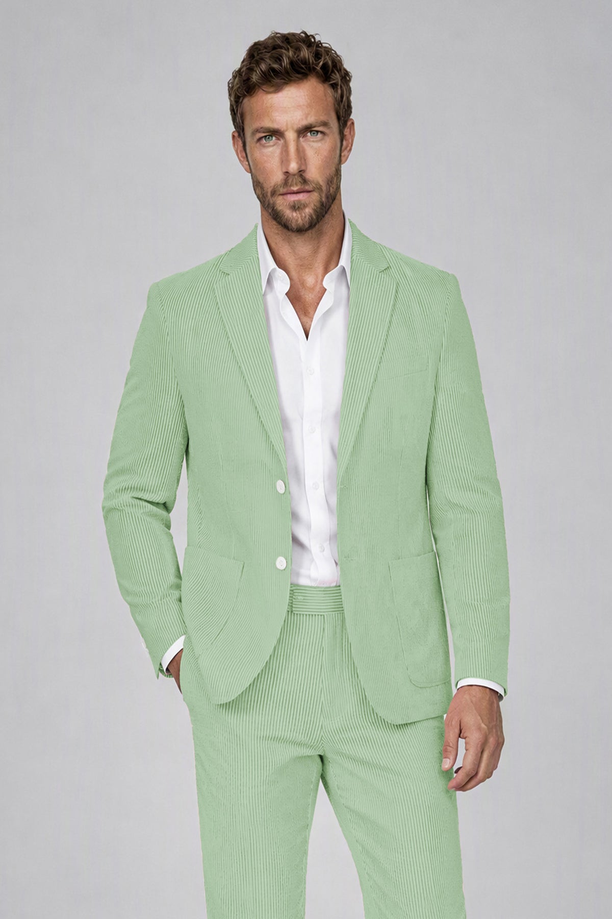 Savile Men's Mint Green Striped 2-Piece Suit Set – Notch Lapel Blazer & Tailored Trousers - Mint Green - Mint_Green(1)