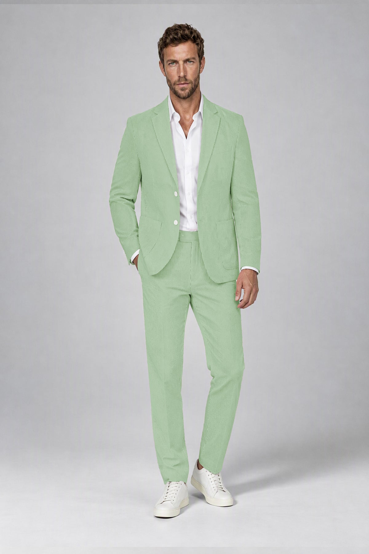 Savile Men's Mint Green Striped 2-Piece Suit Set – Notch Lapel Blazer & Tailored Trousers - Mint Green - Mint_Green(2)