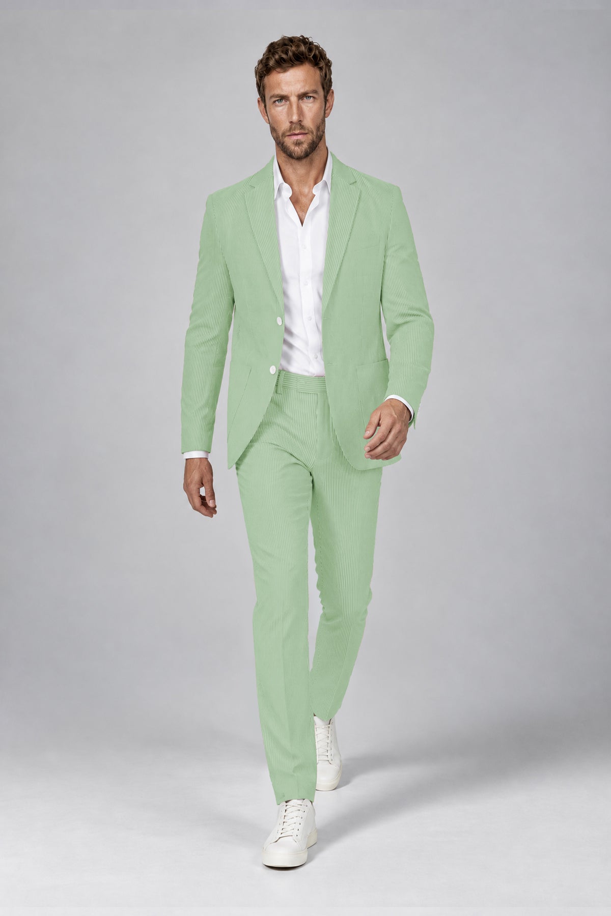 Savile Men's Mint Green Striped 2-Piece Suit Set – Notch Lapel Blazer & Tailored Trousers - Mint Green - Mint_Green(4)