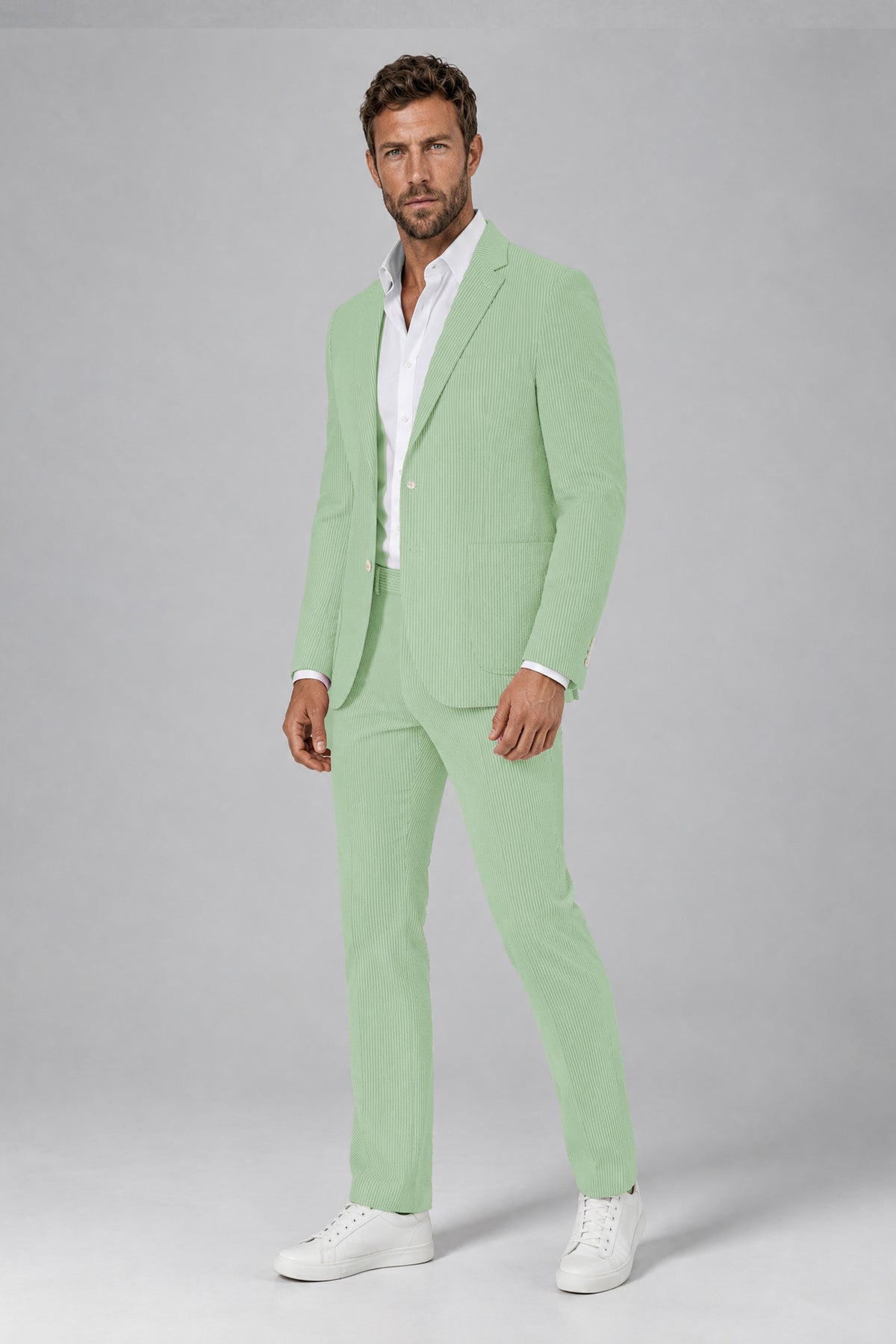 Savile Men's Mint Green Striped 2-Piece Suit Set – Notch Lapel Blazer & Tailored Trousers - Mint Green - Mint_Green(5)