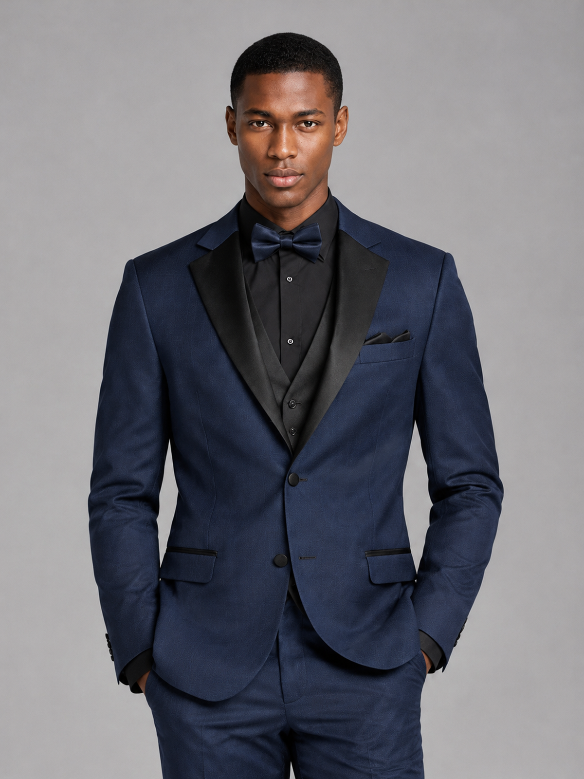 Savile Men's Navy Blue Contrast Shawl Lapel Tuxedo Suit – 3-Piece Wedding, Prom & Black-Tie Formal Set