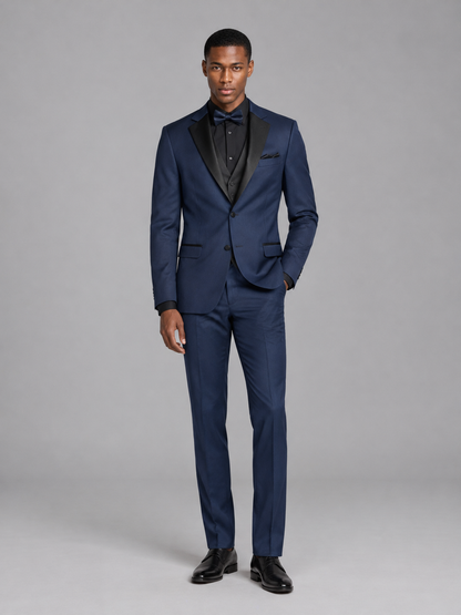 Savile Men's Navy Blue Contrast Shawl Lapel Tuxedo Suit – 3-Piece Wedding, Prom & Black-Tie Formal Set
