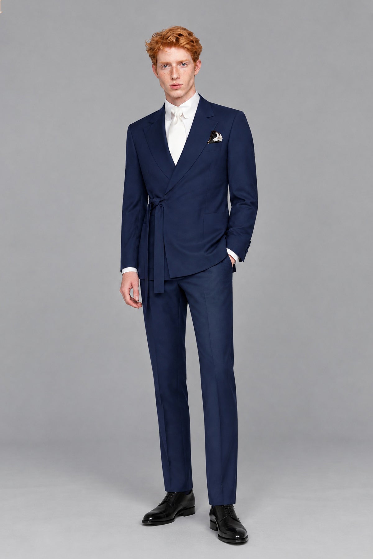 Savile Men's Navy Blue Wrap Belted Slim Fit 2-Piece Suit Set – Blazer & Trousers | Wedding Gala Formal
