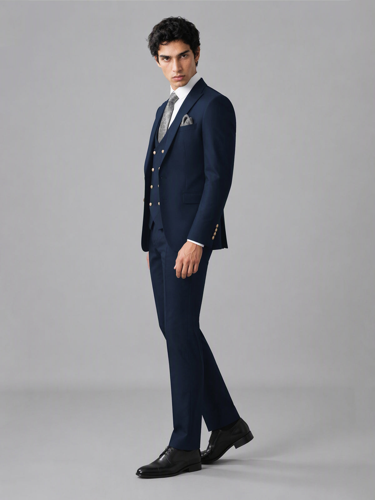 Men's Navy Blue 3-Piece Suit Set – Jacket, Double-Breasted Vest & Trousers