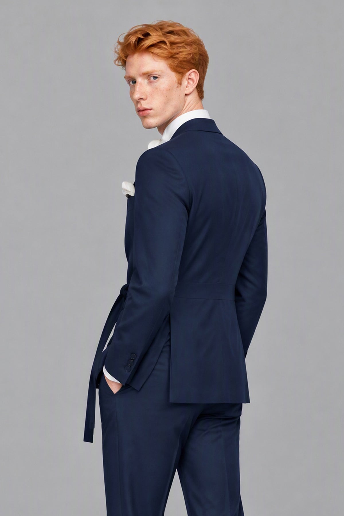 Savile Men's Navy Blue Wrap Belted Slim Fit 2-Piece Suit Set – Blazer & Trousers | Wedding Gala Formal