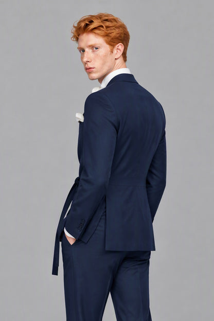 Savile Men's Navy Blue Wrap Belted Slim Fit 2-Piece Suit Set – Blazer & Trousers | Wedding Gala Formal