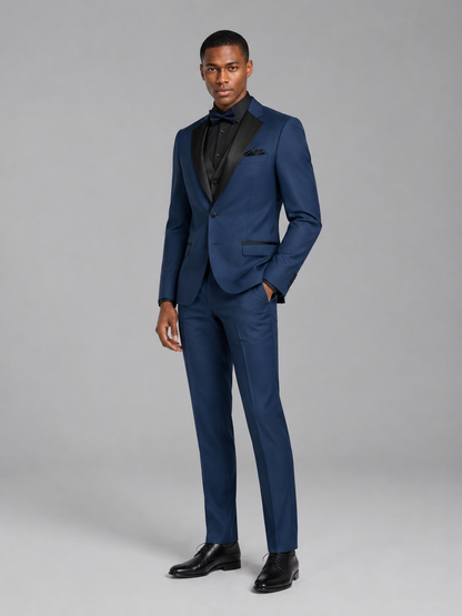 Savile Men's Navy Blue Contrast Shawl Lapel Tuxedo Suit – 3-Piece Wedding, Prom & Black-Tie Formal Set