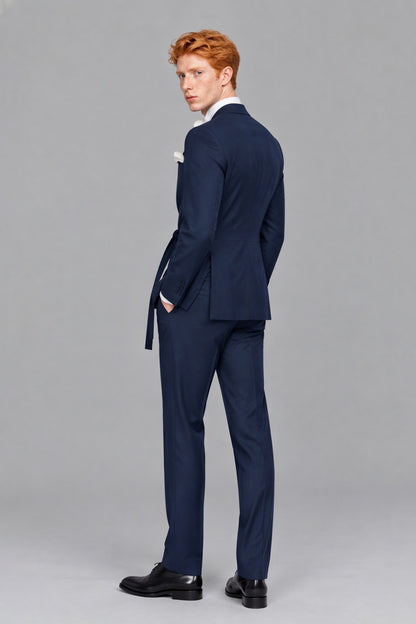 Savile Men's Navy Blue Wrap Belted Slim Fit 2-Piece Suit Set – Blazer & Trousers | Wedding Gala Formal