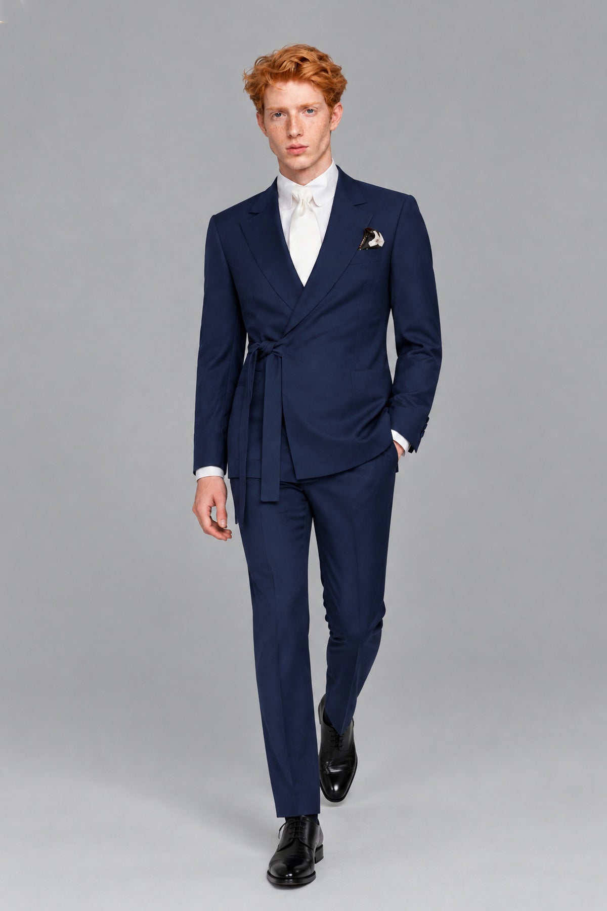 Savile Men's Navy Blue Wrap Belted Slim Fit 2-Piece Suit Set – Blazer & Trousers | Wedding Gala Formal