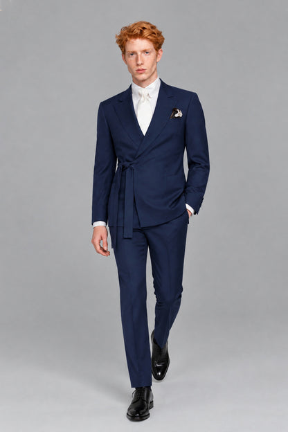 Savile Men's Navy Blue Wrap Belted Slim Fit 2-Piece Suit Set – Blazer & Trousers | Wedding Gala Formal