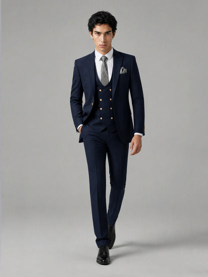 Men's Navy Blue 3-Piece Suit Set – Jacket, Double-Breasted Vest & Trousers