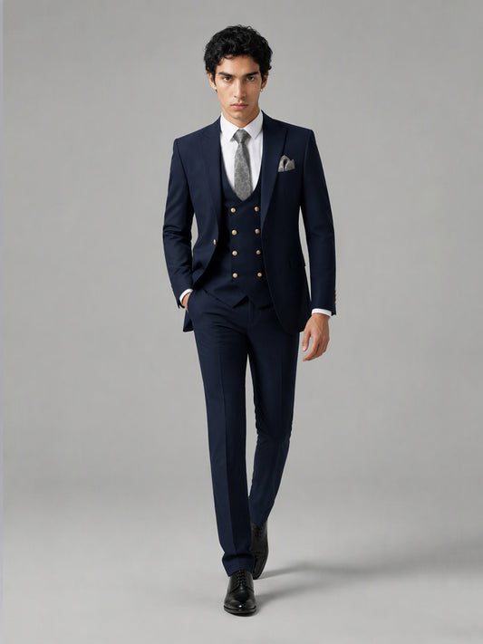 Men's Navy Blue 3-Piece Suit Set – Jacket, Double-Breasted Vest & Trousers