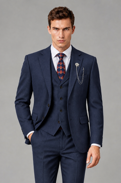 Savile Men's Grey Notch Lapel 3-Piece Suit Set | Jacket, Vest & Trousers - Navy Blue - Navy Blue
