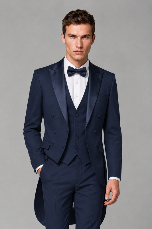 Savile Navy Blue 3-Piece Tailcoat Tuxedo Suit with Black Peak Lapel - Navy Blue - Navy Blue_01