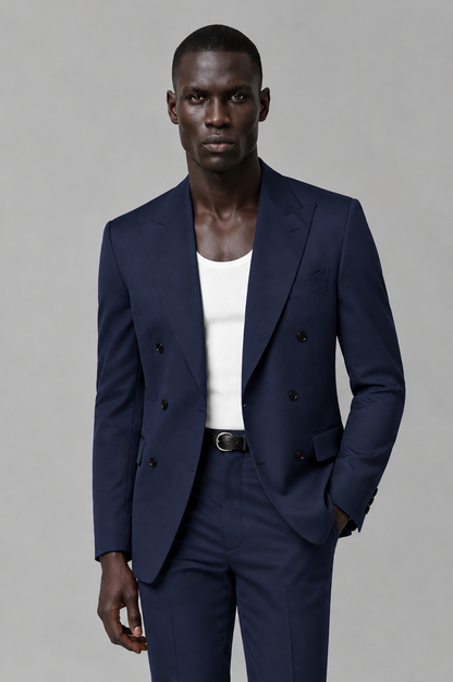 Savile Men's Navy Blue Double Breasted Slim Fit 2-Piece Suit Set – Blazer & Trousers | Wedding Gala Formal - Navy Blue - Navy Blue_01