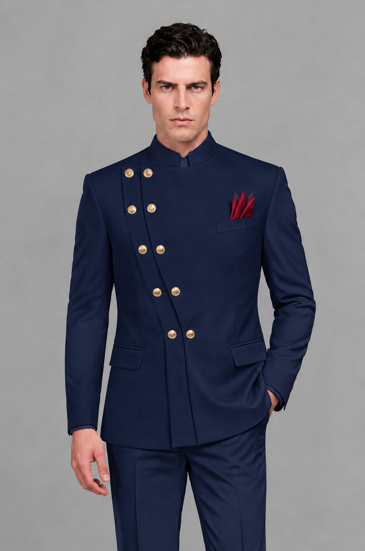 BOLODOO Men's Navy Blue Asymmetrical Mandarin Collar Tuxedo Suit – Modern 2-Piece Gold Button Wedding, Prom & Gala Set - Navy Blue - Navy Blue_01