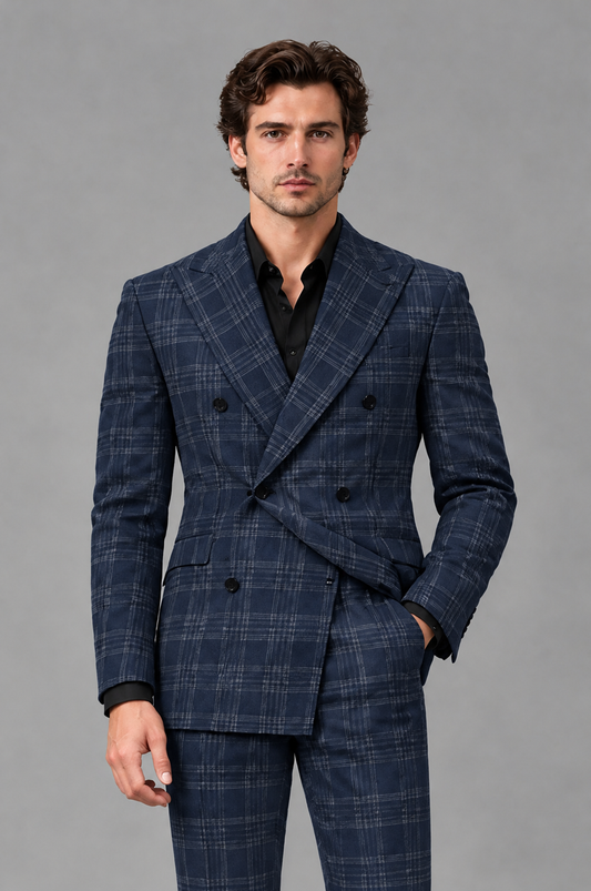 Savile Men's Rust Plaid 2-Piece Double-Breasted Suit – Peak Lapel Slim-Fit Jacket & Trousers Set - Navy Blue - Navy Blue