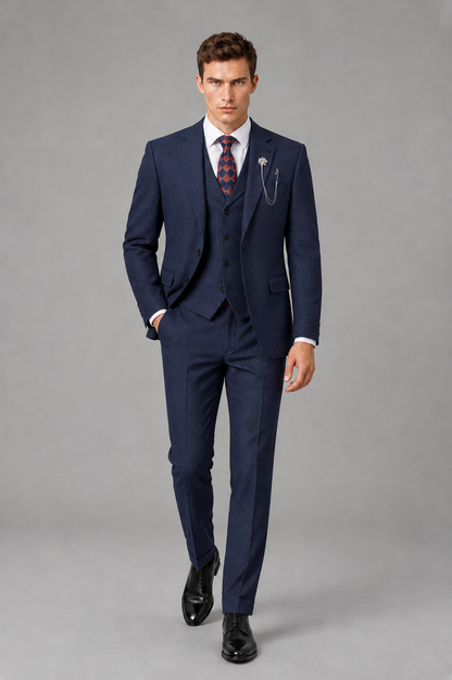 Savile Men's Grey Notch Lapel 3-Piece Suit Set | Jacket, Vest & Trousers - Navy Blue - Navy Blue