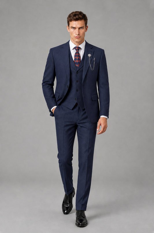 Savile Men's Grey Notch Lapel 3-Piece Suit Set | Jacket, Vest & Trousers - Navy Blue - Navy Blue