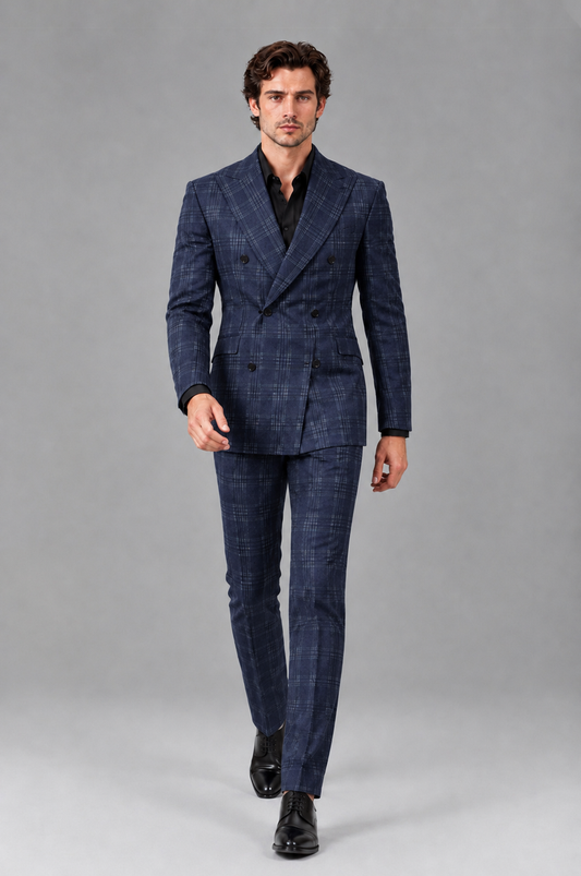 Savile Men's Rust Plaid 2-Piece Double-Breasted Suit – Peak Lapel Slim-Fit Jacket & Trousers Set - Navy Blue - Navy Blue