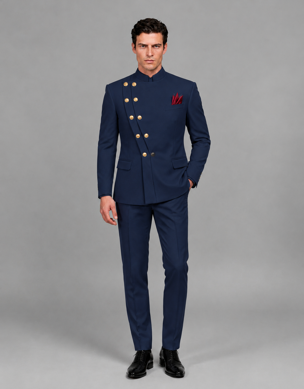 BOLODOO Men's Navy Blue Asymmetrical Mandarin Collar Tuxedo Suit – Modern 2-Piece Gold Button Wedding, Prom & Gala Set - Navy Blue - Navy Blue_02