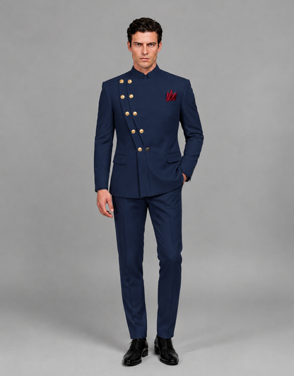 BOLODOO Men's Navy Blue Asymmetrical Mandarin Collar Tuxedo Suit – Modern 2-Piece Gold Button Wedding, Prom & Gala Set - Navy Blue - Navy Blue_02