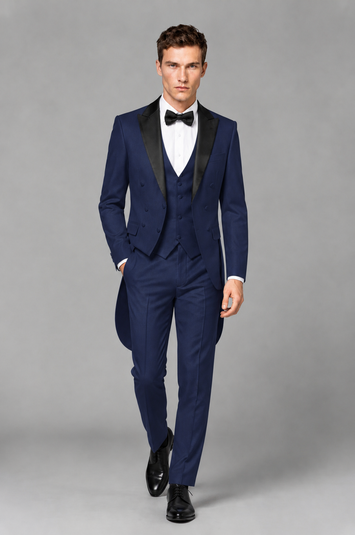Savile Navy Blue 3-Piece Tailcoat Tuxedo Suit with Black Peak Lapel - Navy Blue - Navy Blue_02