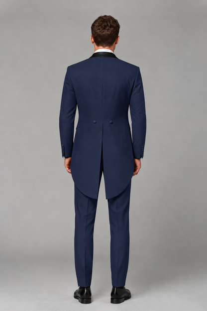 Savile Navy Blue 3-Piece Tailcoat Tuxedo Suit with Black Peak Lapel - Navy Blue - Navy Blue_03