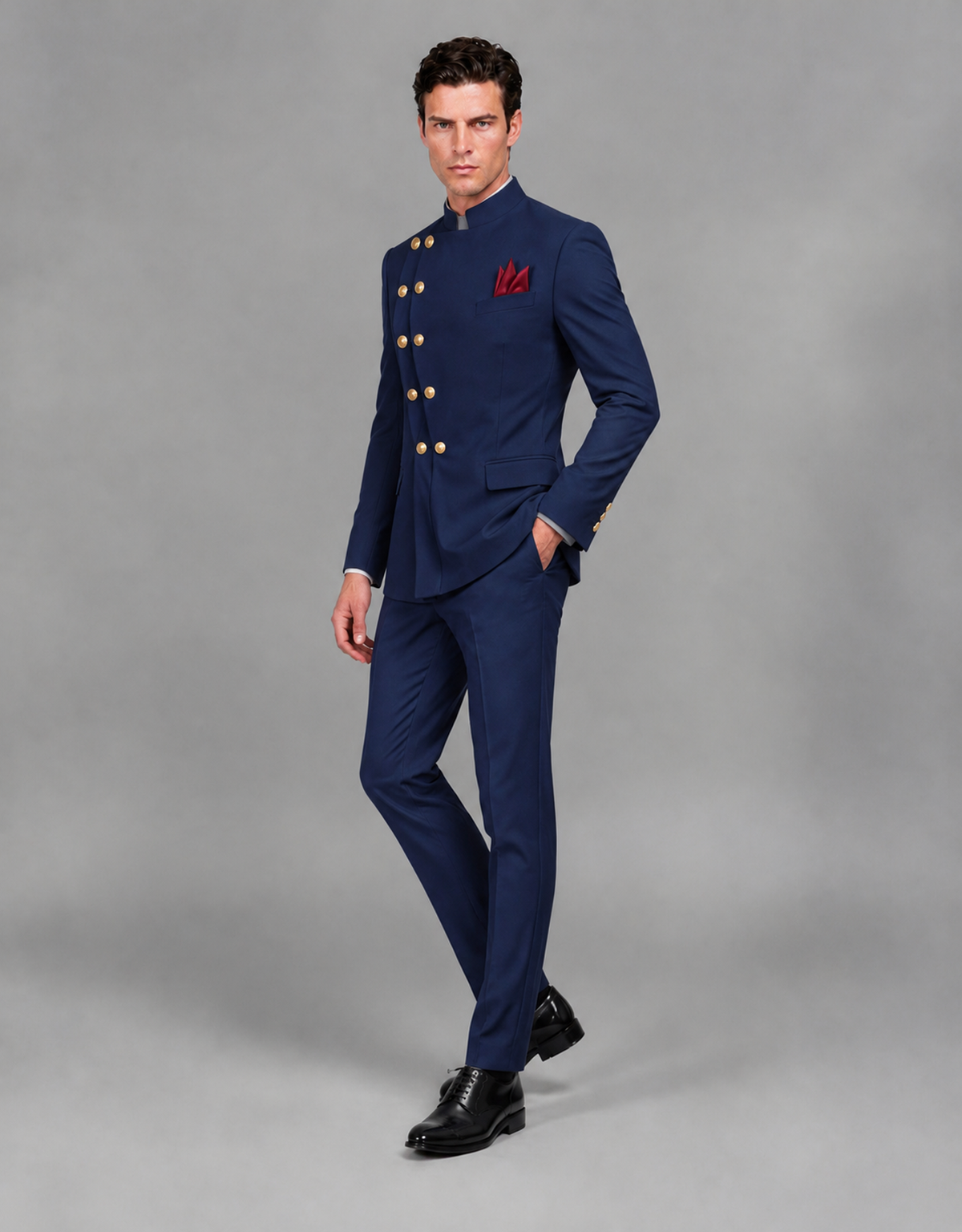 BOLODOO Men's Navy Blue Asymmetrical Mandarin Collar Tuxedo Suit – Modern 2-Piece Gold Button Wedding, Prom & Gala Set - Navy Blue - Navy Blue_04