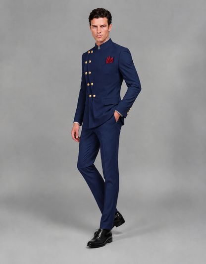BOLODOO Men's Navy Blue Asymmetrical Mandarin Collar Tuxedo Suit – Modern 2-Piece Gold Button Wedding, Prom & Gala Set - Navy Blue - Navy Blue_04
