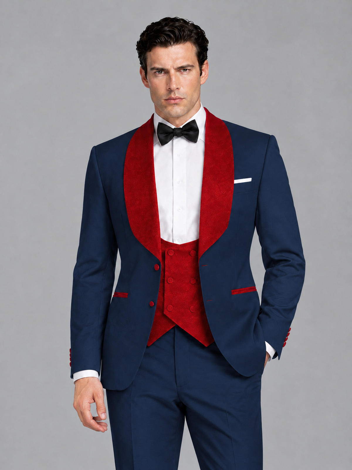 Savile Men's Navy Blue 3-Piece Tuxedo Suit Set – Contrast Red Shawl Lapel Blazer, Red Waistcoat & Trousers - SUC020 - Navy_Blue