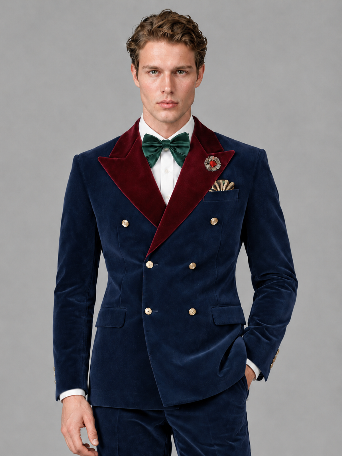 Savile Men's Navy Blue Velvet Double-Breasted 2-Piece Tuxedo Suit with Burgundy Peak Lapel - Navy_Blue