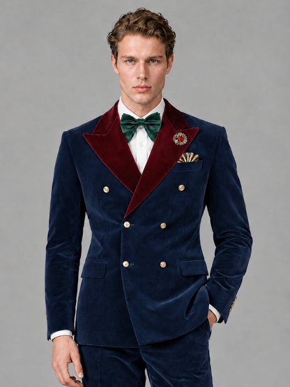 Savile Men's Navy Blue Velvet Double-Breasted 2-Piece Tuxedo Suit with Burgundy Peak Lapel - Navy_Blue