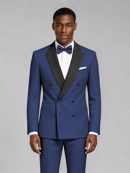 Men's Navy Blue Double-Breasted Tuxedo Suit – Satin Shawl Lapel Navy Blue-Tie Wedding & Gala 2-Piece Set - Navy Blue