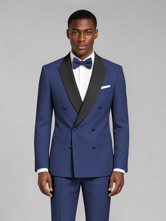 Men's Navy Blue Double-Breasted Tuxedo Suit – Satin Shawl Lapel Navy Blue-Tie Wedding & Gala 2-Piece Set - Navy Blue