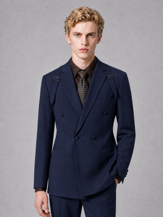 Men's Light Navy Blue Double-Breasted Slim Fit 2-Piece Suit – Peak Lapel Wedding & Business Formal Set - Navy Blue - Navy_Blue_1