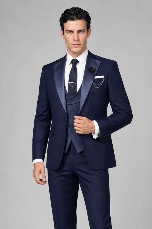 Savile Men's Navy Blue 3-Piece Tuxedo Suit – Contrast Silver Peak Lapel & Grey Vest Formal Set - Navy Blue - Navy Blue_1