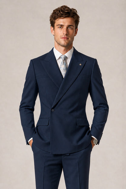 Savile Men's Navy Blue Double-Breasted Slim Fit 2-Piece Suit Set – Peak Lapel Blazer & Cuffed Trousers | Wedding Prom Formal - Navy Blue
