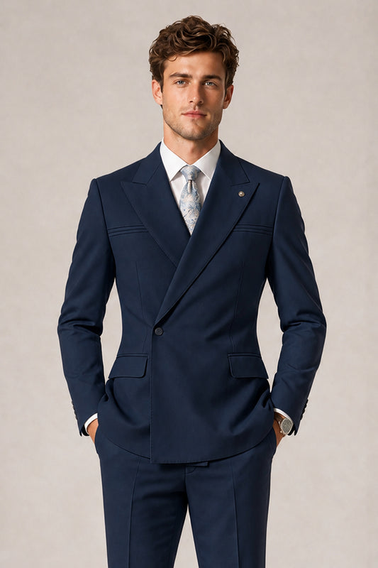 Savile Men's Navy Blue Double-Breasted Slim Fit 2-Piece Suit Set – Peak Lapel Blazer & Cuffed Trousers | Wedding Prom Formal - Navy Blue