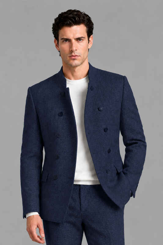 Savile Men's Navy Blue Stand Collar Double Breasted Slim Fit 2-Piece Suit Set – Jacket & Trousers | Wedding Gala Formal - Navy_Blue
