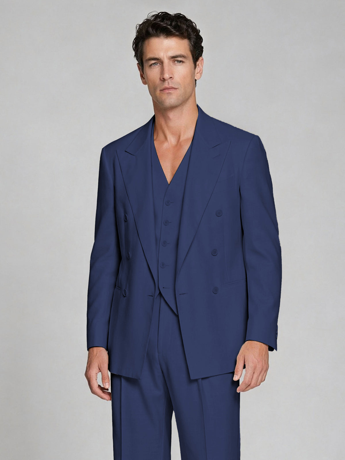 Men's Navy Blue Double-Breasted 2-Piece Suit – Peak Lapel Wedding & Beach Formal Set with Vest - Navy Blue