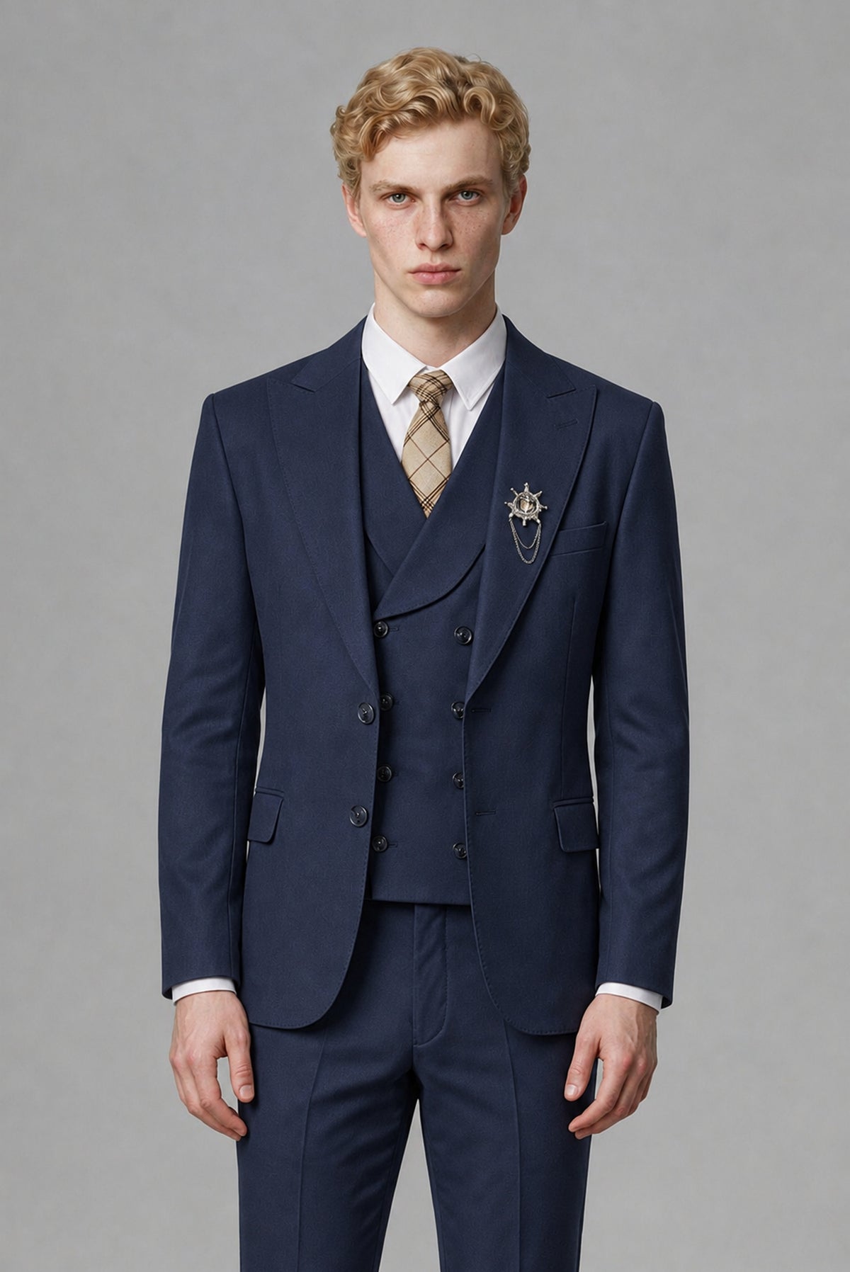 Savile Men's Navy Blue Three-Piece Wedding Suit with Double-Breasted Waistcoat - Navy Blue
