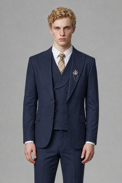 Savile Men's Navy Blue Three-Piece Wedding Suit with Double-Breasted Waistcoat - Navy Blue