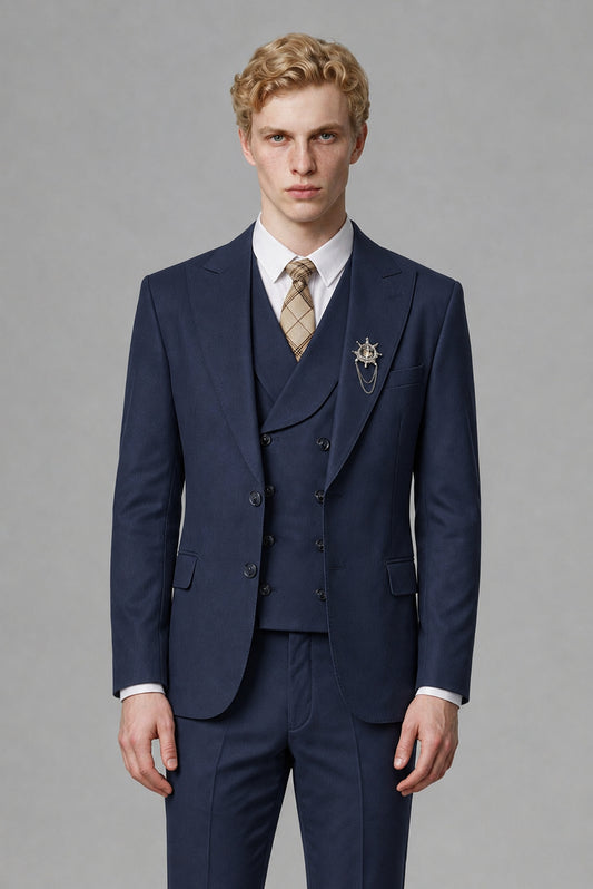 Savile Men's Navy Blue Three-Piece Wedding Suit with Double-Breasted Waistcoat - Navy Blue
