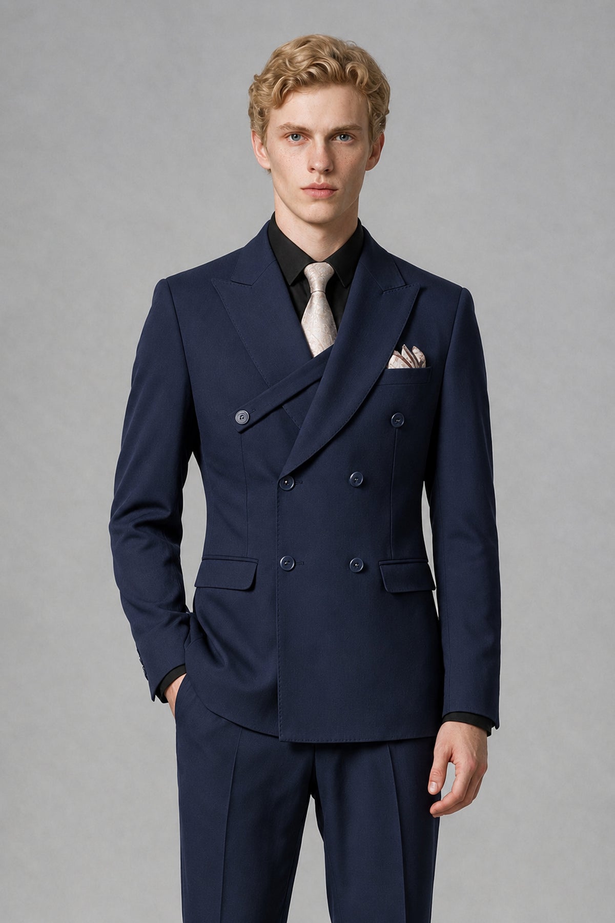 Savile Men's Navy Blue Double-Breasted Two-Piece Suit - Navy Blue